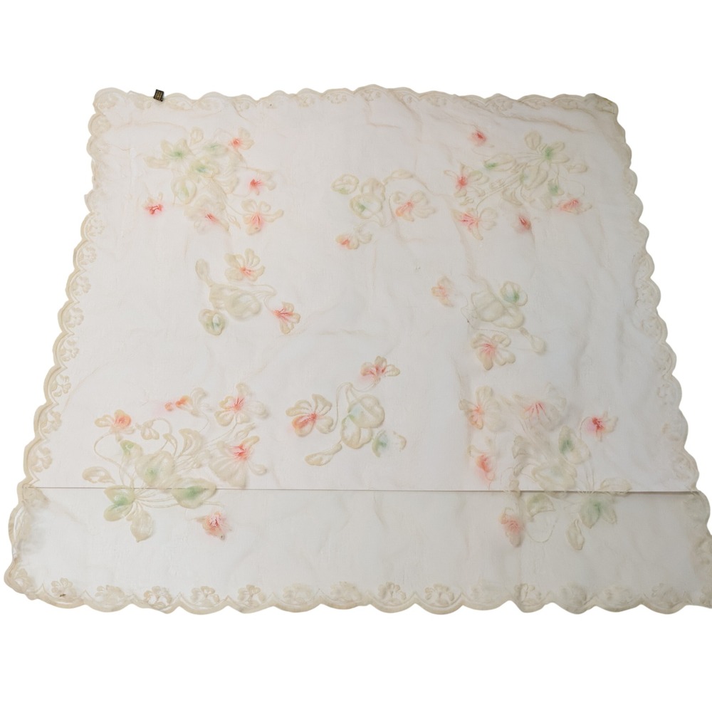 Vintage Floral Embroidered Sheer Scalloped Square‎ Scarf Japan Nylon Cream Pink